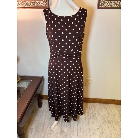 Y2K Jessica Howard Dress Brown White Polka Dot Sleeveless Midi Career Casual - Picture 11 of 16